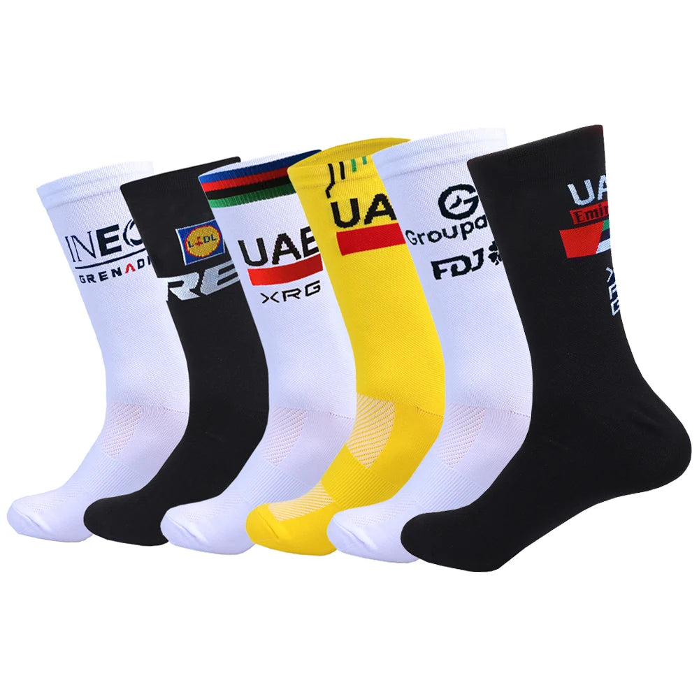 New White FDJ Team Cycling Socks Non Slip Soccer Socks Cushioned Breathable for Running Yoga Basketball Bike Sports Grip Socks