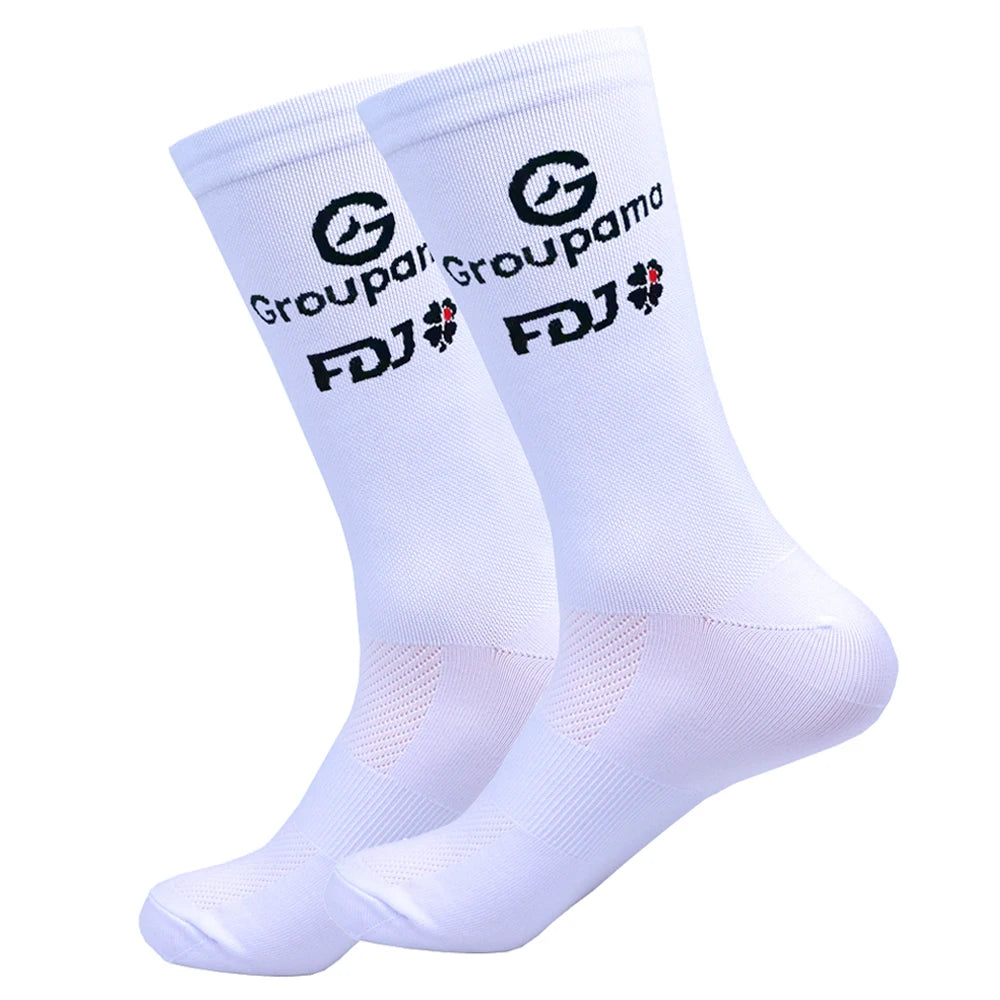 New White FDJ Team Cycling Socks Non Slip Soccer Socks Cushioned Breathable for Running Yoga Basketball Bike Sports Grip Socks